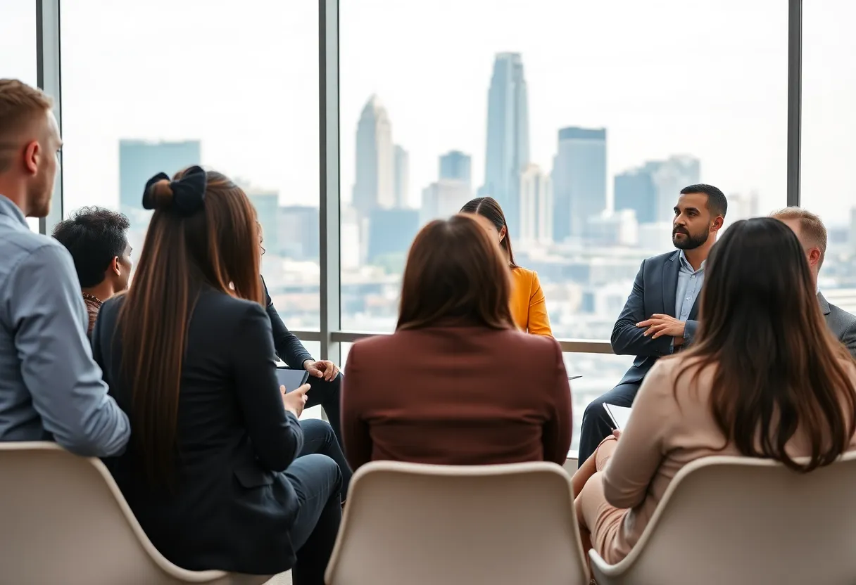 Professionals networking and discussing U.S.-Japan economic relations at a seminar in Dallas.