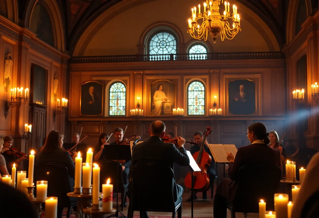 Live string ensemble performing under candlelight at a concert