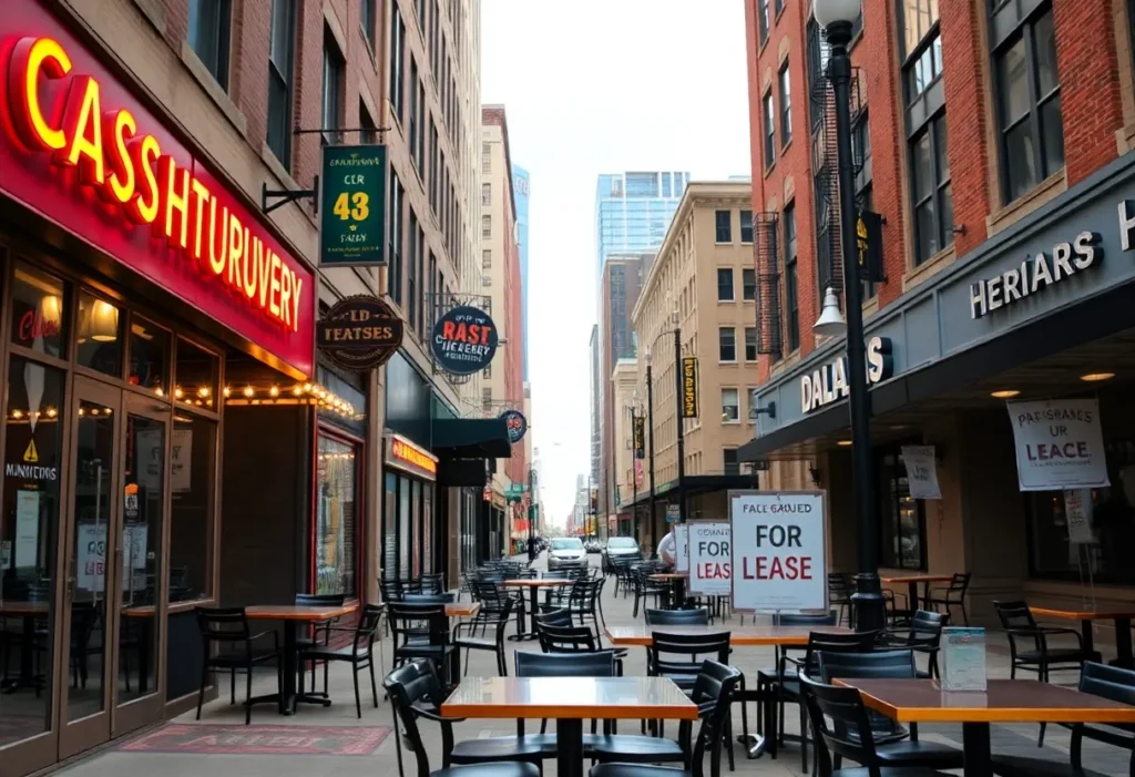 A row of closed restaurants along a busy street in Dallas, Texas.