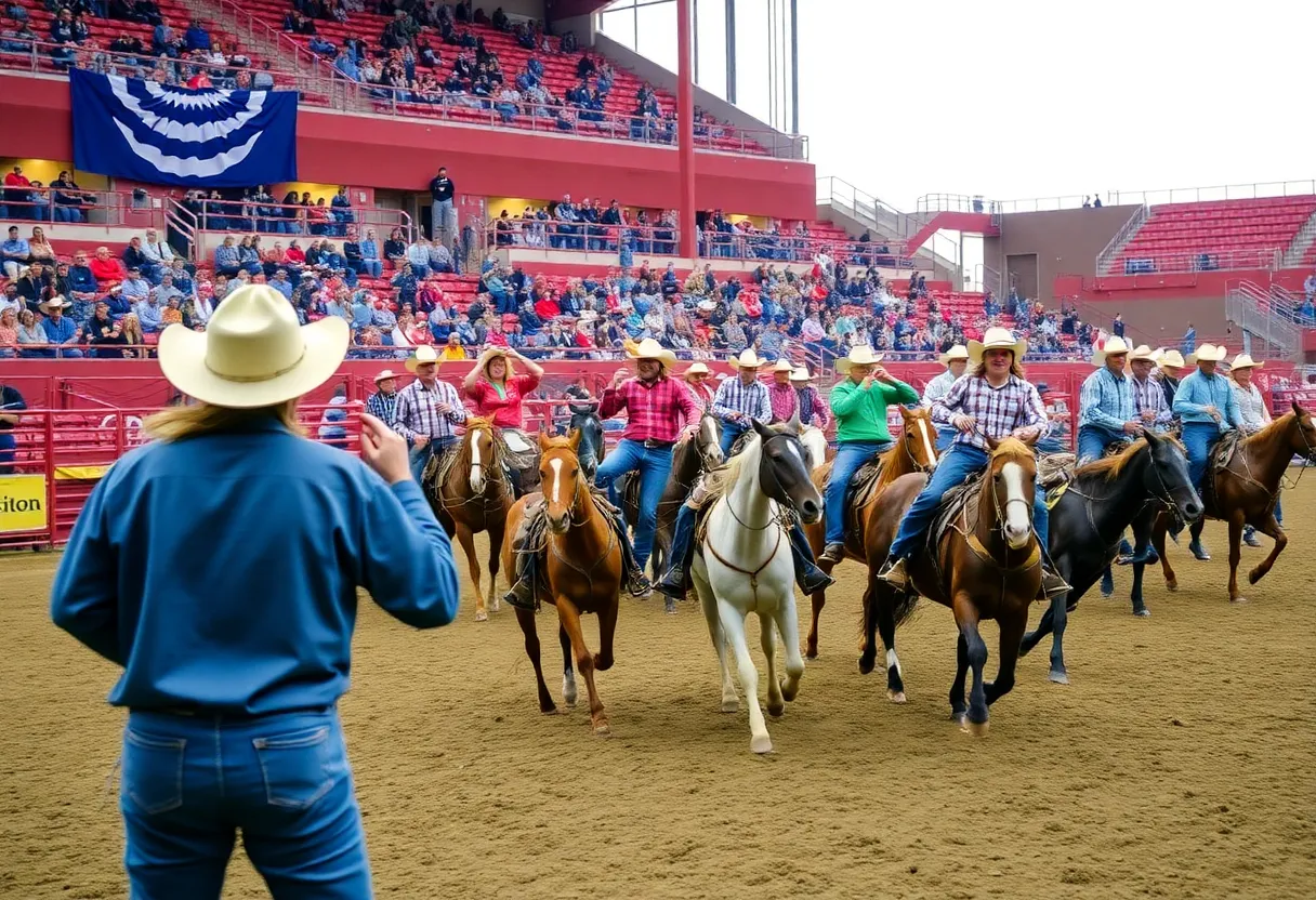 Collegiate athletes competing in rodeo events at Will Rogers Coliseum