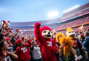 A lively college football bowl game with fans and performers.