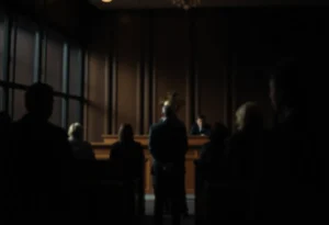 A courtroom representation showing blurred figures to symbolize justice in high-profile cases.