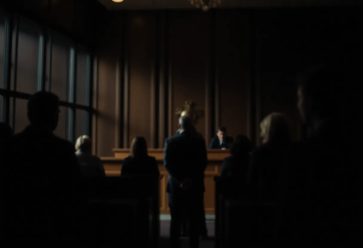 A courtroom representation showing blurred figures to symbolize justice in high-profile cases.