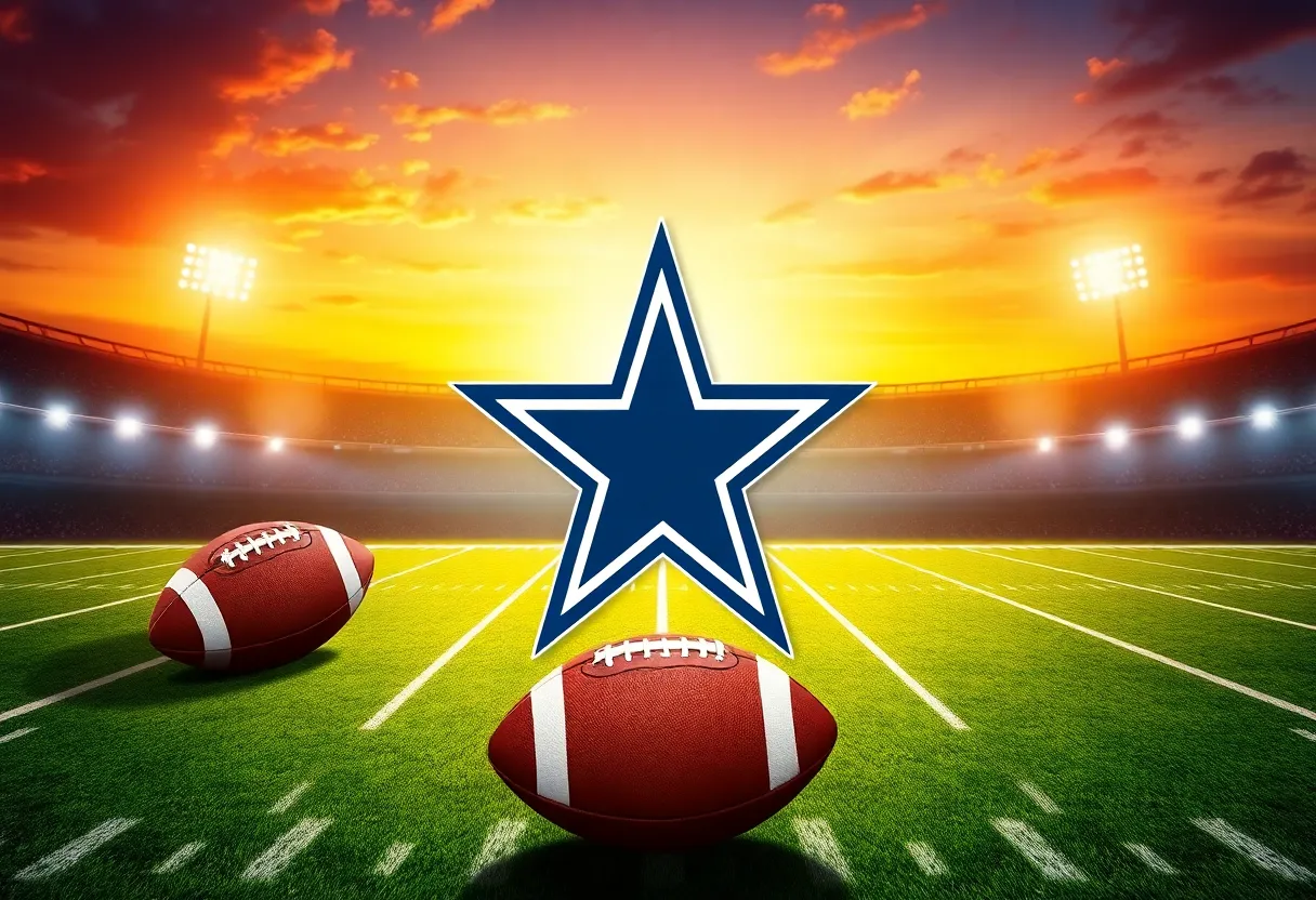 Illustration depicting a football field with a silhouette of a player and Dallas Cowboys logo.