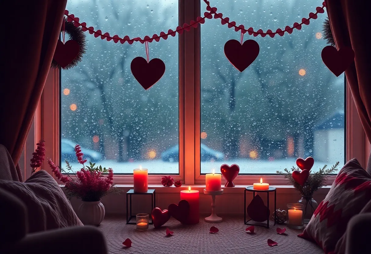 Indoor Valentine's Day decorations with rain seen through window
