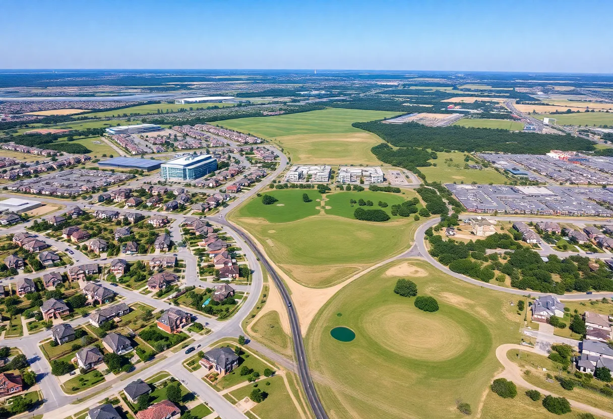 Aerial view of the Craver Ranch development site with homes and parks.