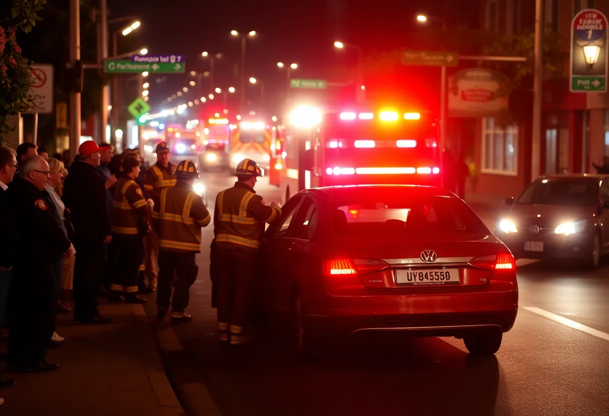 Emergency responders at a vehicle collision scene in Dallas at night