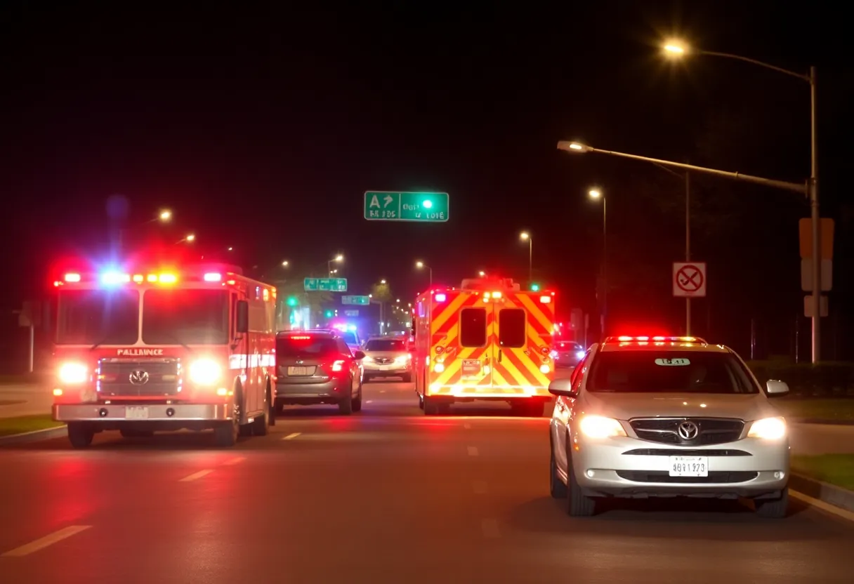 Scene of a Dallas ambulance collision with emergency vehicles and lights
