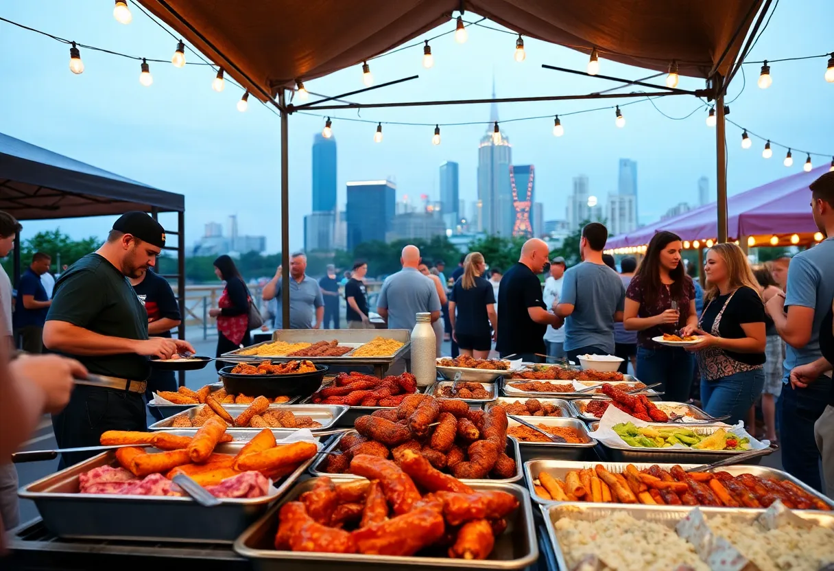 People enjoying a BBQ event in Dallas with skyline views.