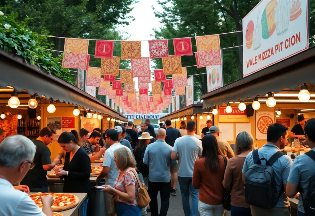 A bustling outdoor scene at the Dallas Eataly Pizza Fest showcasing various pizza stalls.