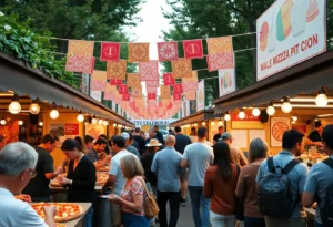 A bustling outdoor scene at the Dallas Eataly Pizza Fest showcasing various pizza stalls.