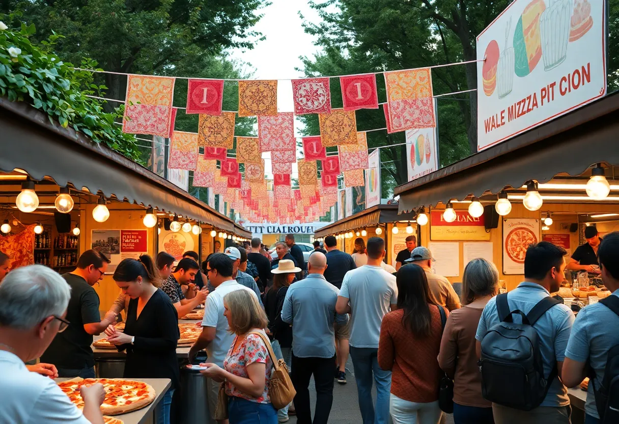 A bustling outdoor scene at the Dallas Eataly Pizza Fest showcasing various pizza stalls.
