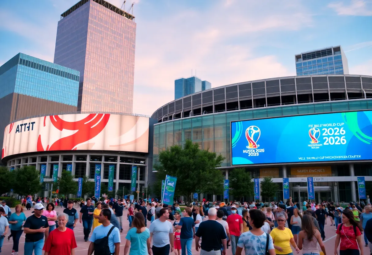 Dallas cityscape featuring AT&T Stadium and community engagement for FIFA World Cup 2026.