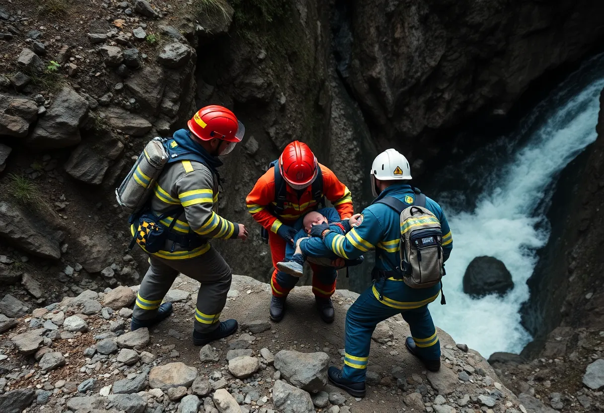 Firefighters conducting a rescue operation near a ravine in Dallas.