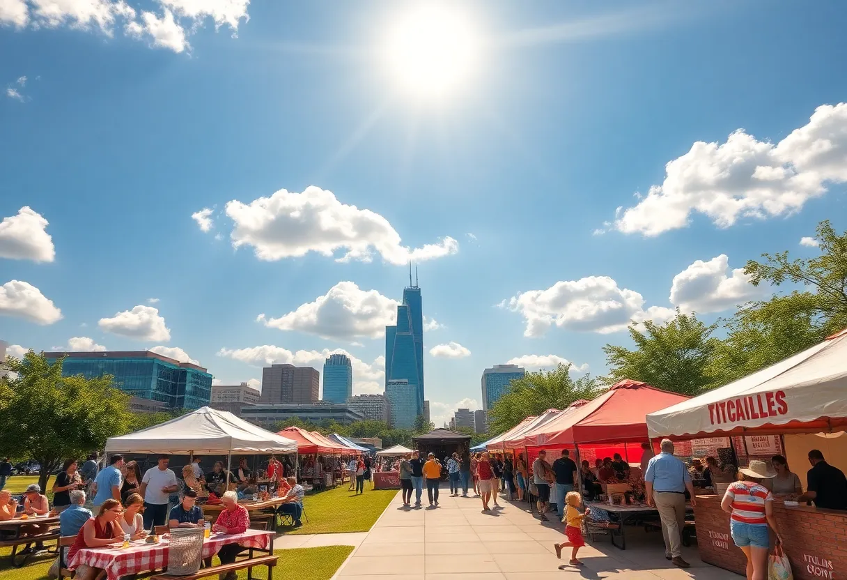 People enjoying sunny weather in Dallas-Fort Worth with outdoor activities and clear blue skies