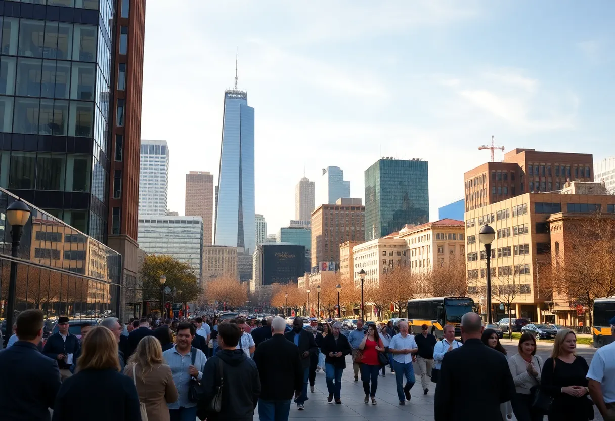 Dallas-Fort Worth skyline with bustling economic activity post-storm