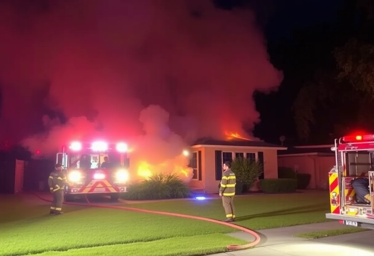 Dallas firefighters battling a house fire at night