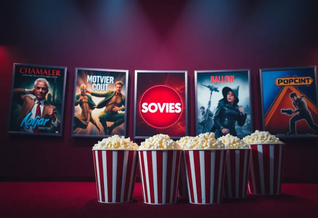 Collection of movie theater posters and popcorn buckets showcasing upcoming films.