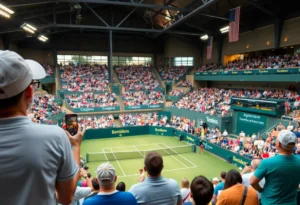 Tennis players competing at the Dallas Open with fans cheering in the background.