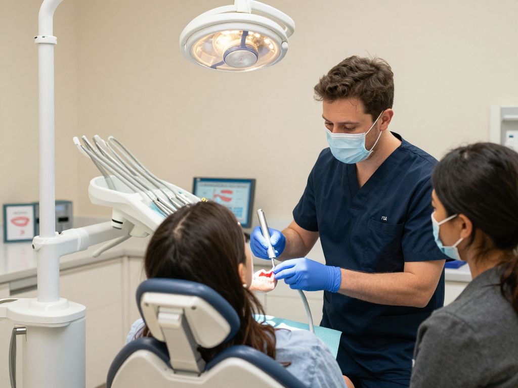 Dallas dental professionals performing an oral cancer screening in a clinic