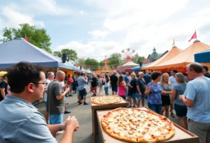 People enjoying pizza and festivities at Dallas Pizza Fest.