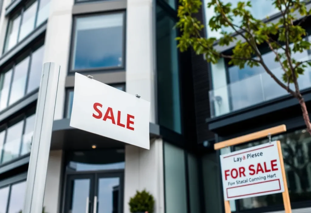 Real estate brokerage building with 'For Sale' sign representing a lawsuit.