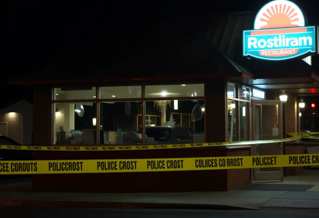 Sign of a closed restaurant with police tape and broken windows reflecting burglary incidents.