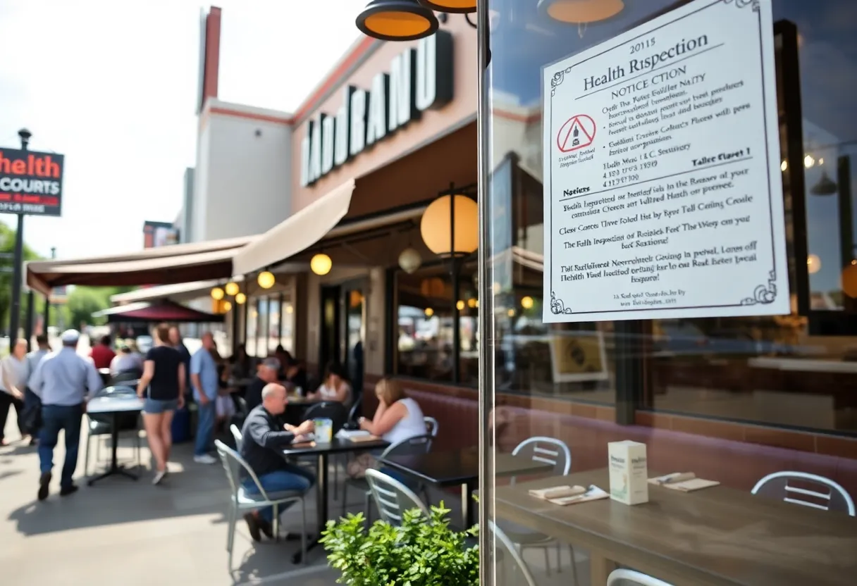 Outdoor dining area of a Dallas restaurant with health inspection signs