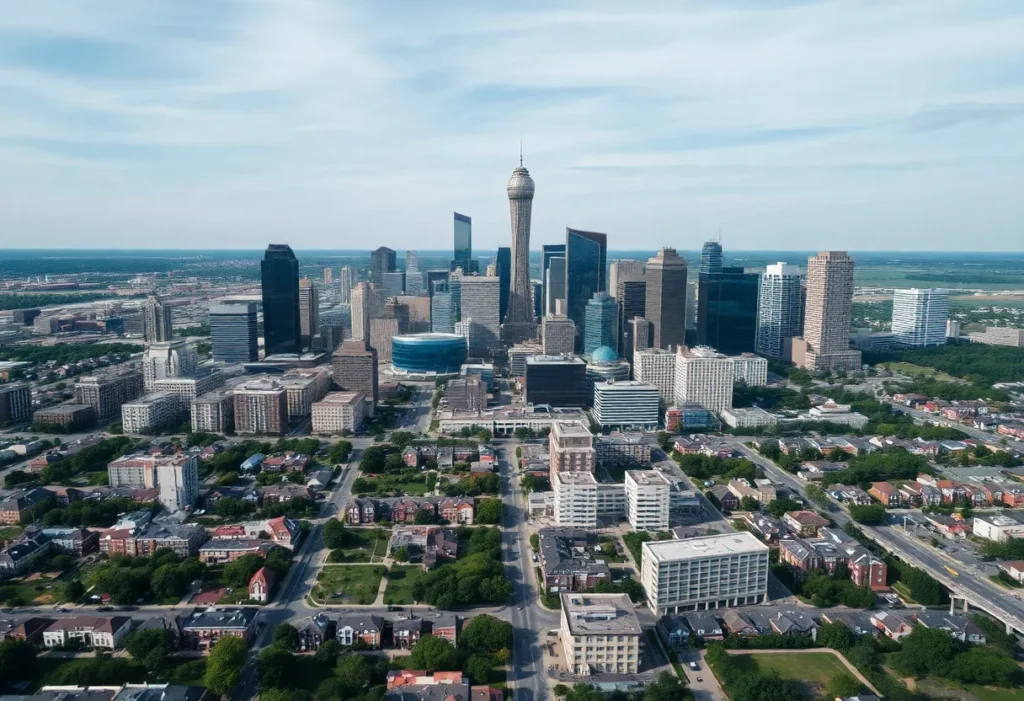 Aerial view of Dallas skyline with urban development