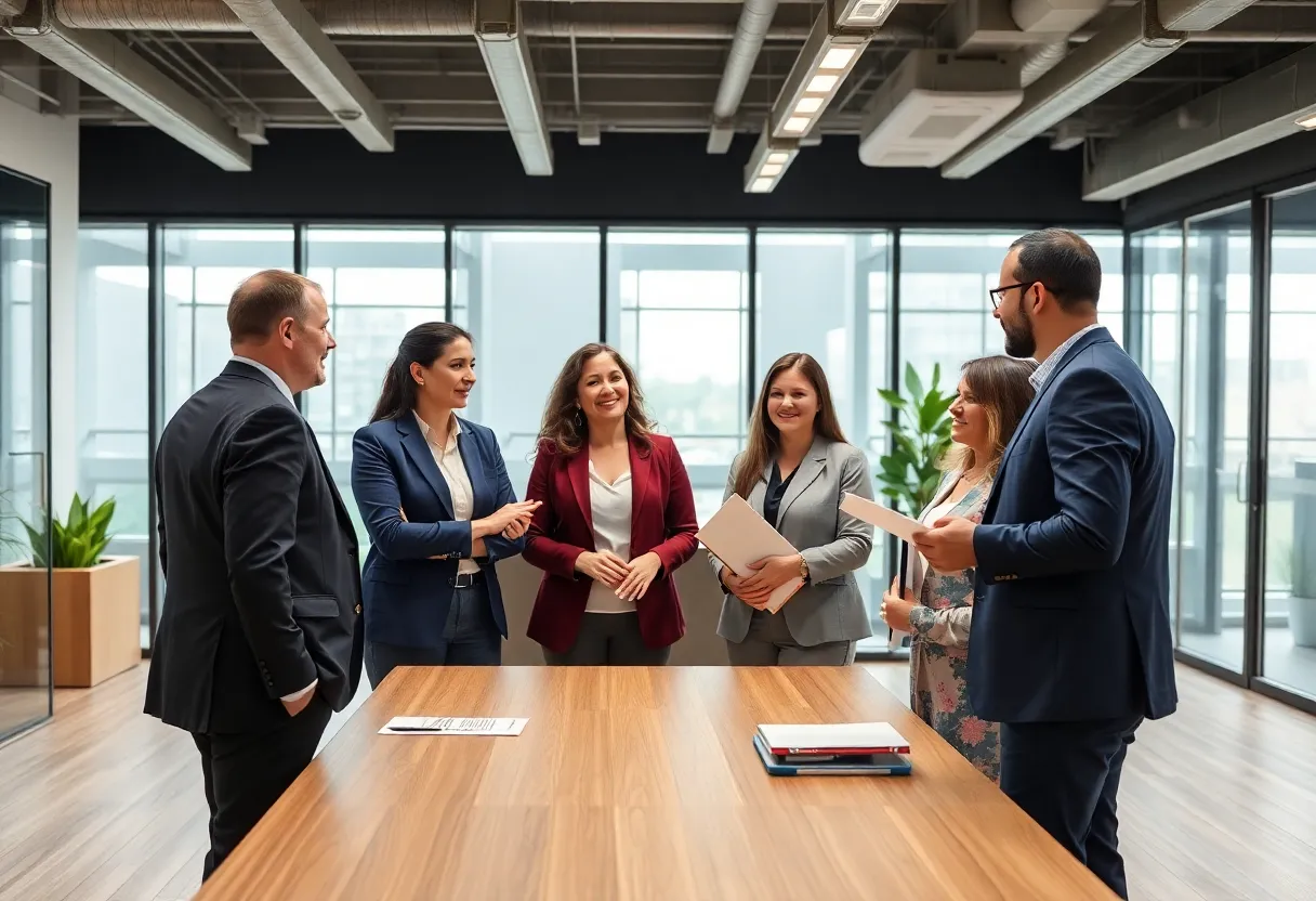 Group discussion on health insurance among Dallas business professionals