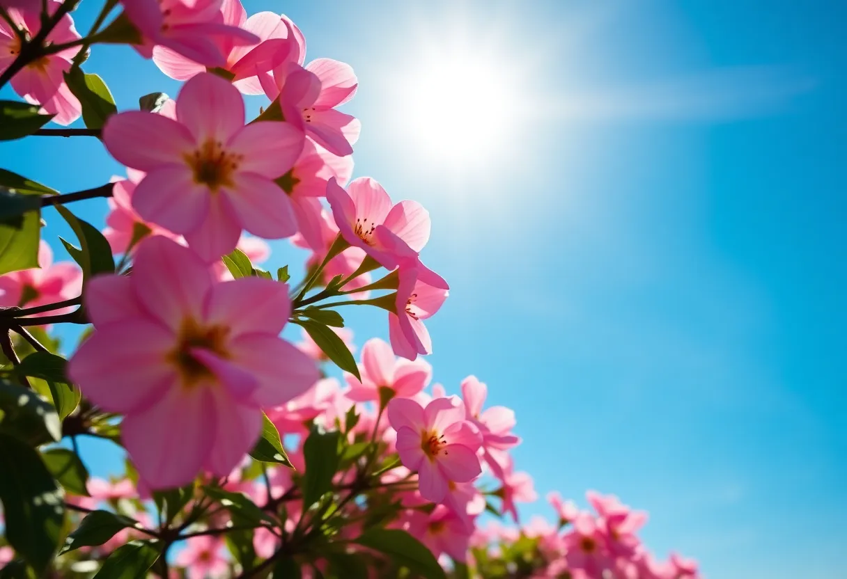 Clear blue skies over Dallas-Fort Worth with blooming flowers representing spring-like weather.