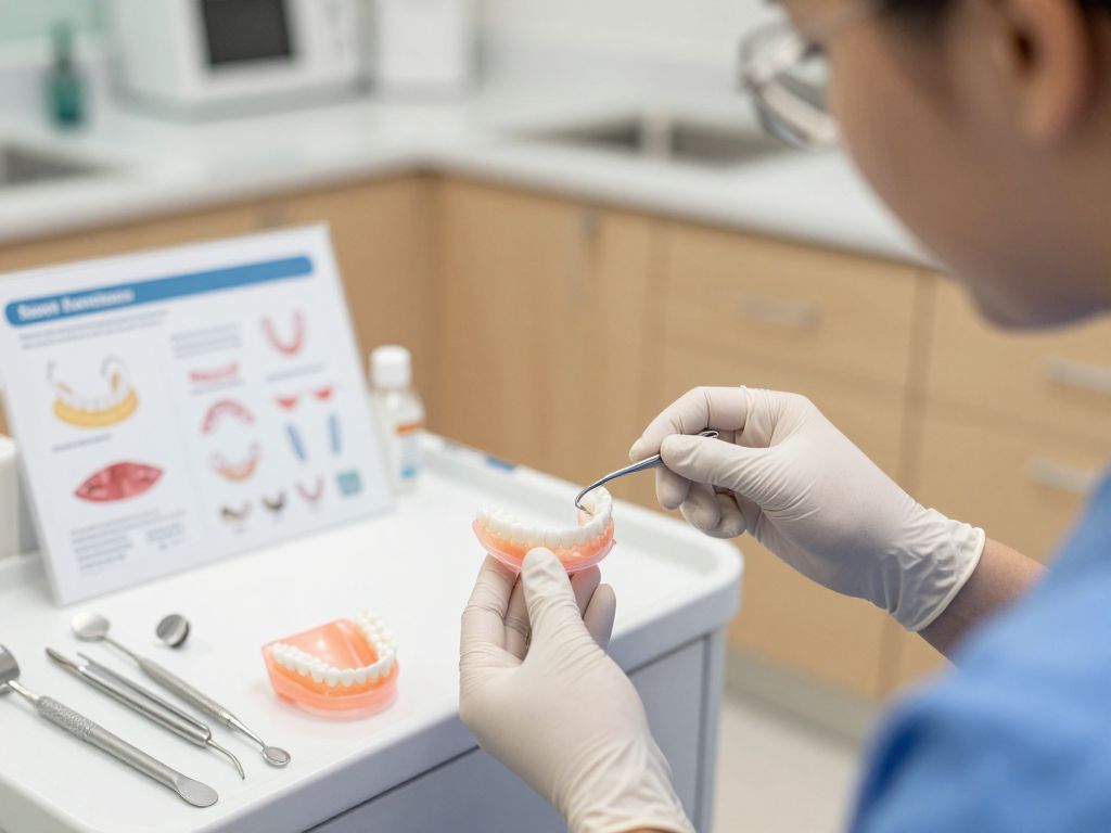 Dental professional demonstrating removable dentures care in Dallas TX