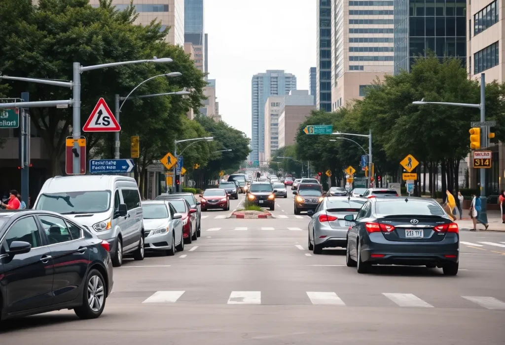 Busy traffic intersection in Dallas with cars and pedestrians