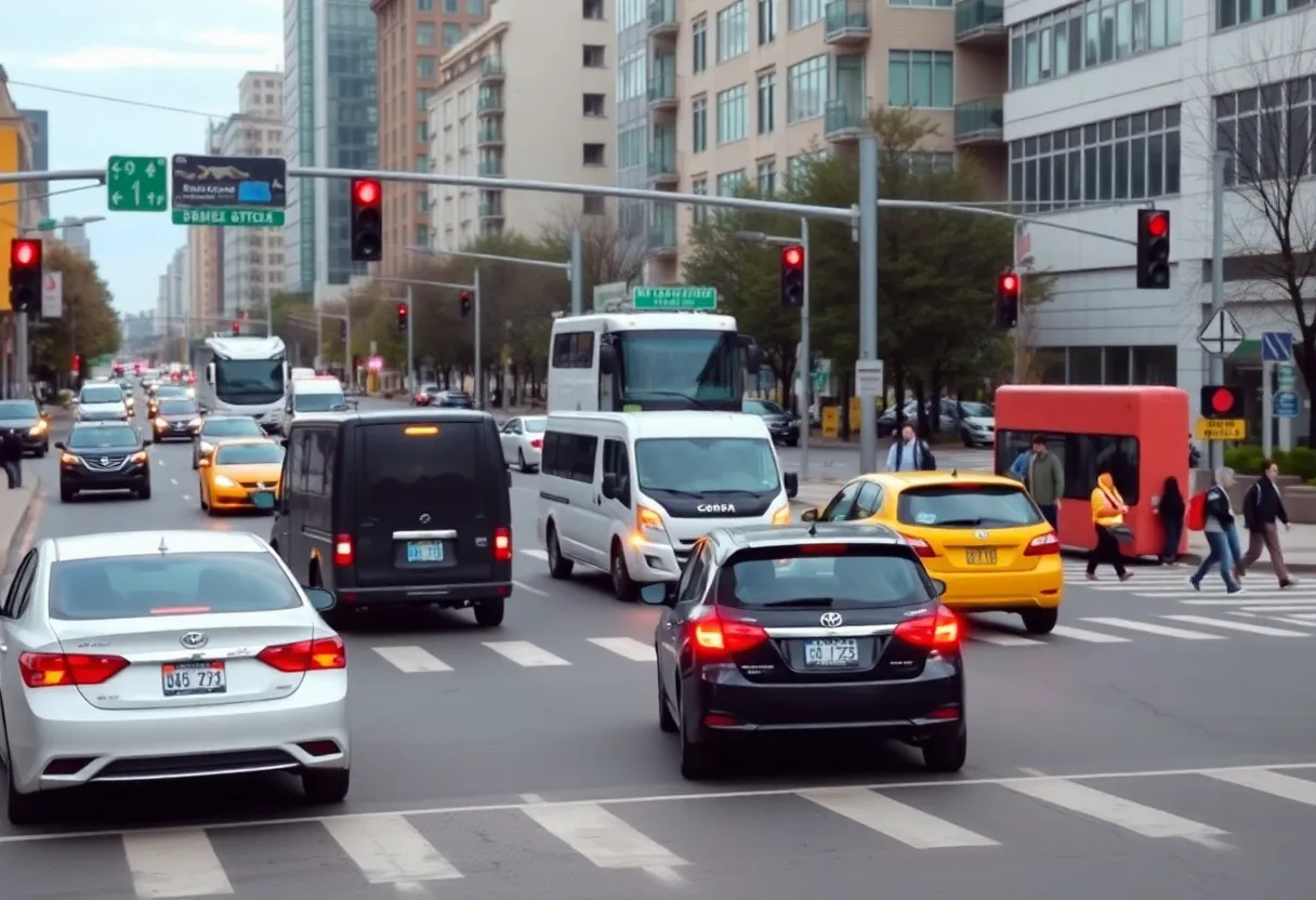 Urban intersection in Dallas showcasing traffic flow and safety signage.