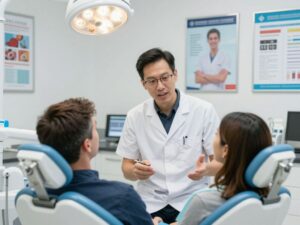 A dentist discussing diabetes and oral health care with a patient in a Dallas dental clinic.