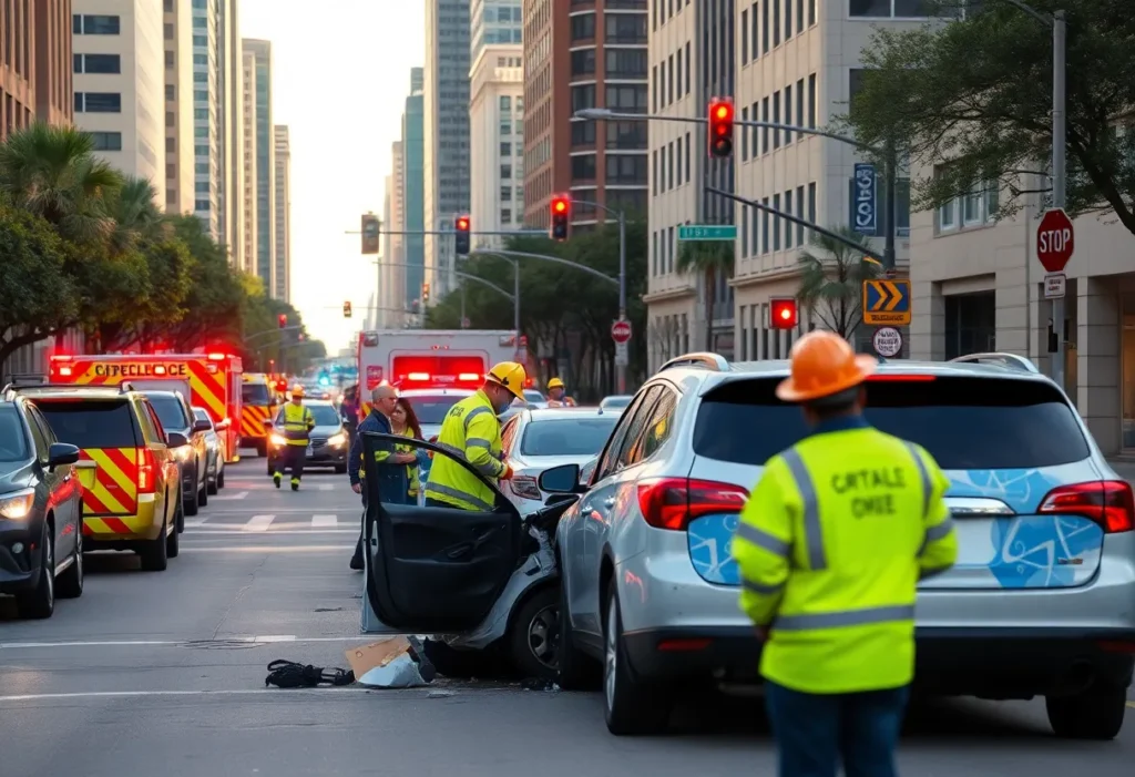 Emergency responders attending to a vehicle collision in Dallas