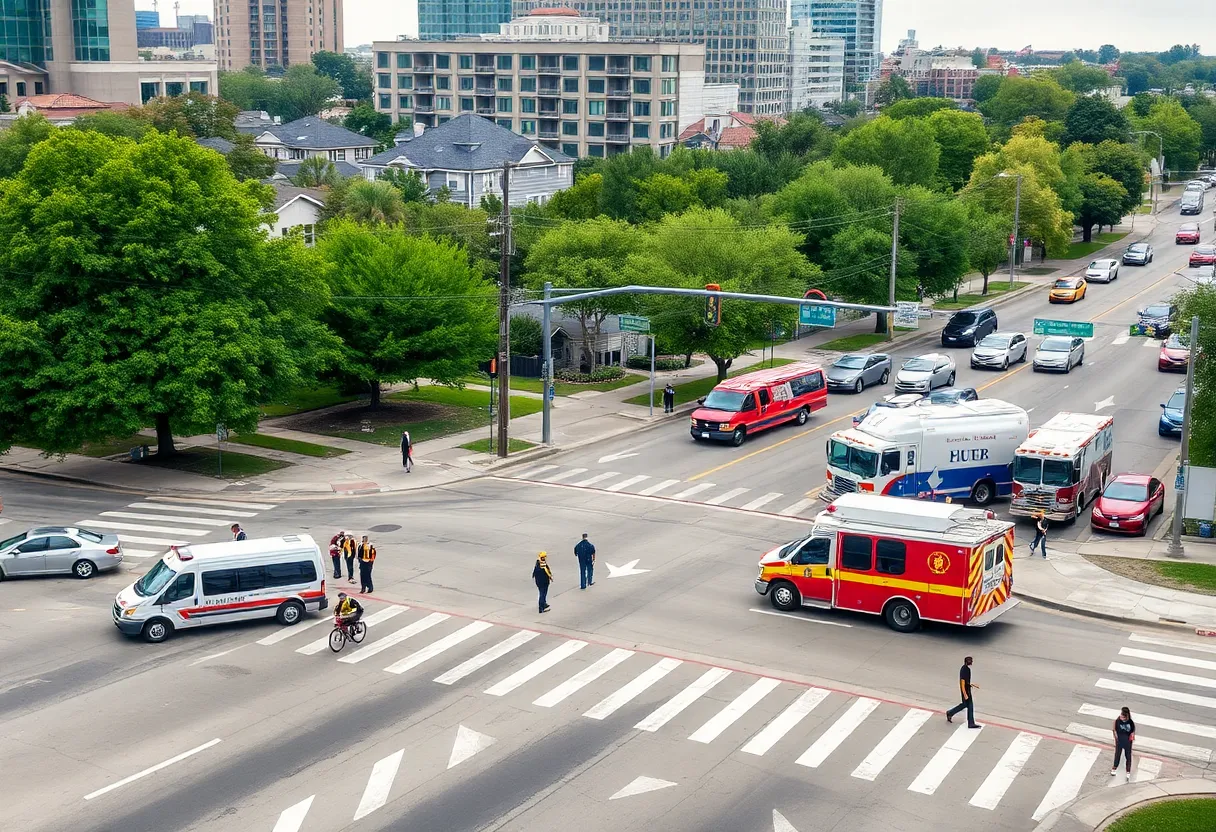 Emergency responders assisting at a vehicle collision scene in Dallas.