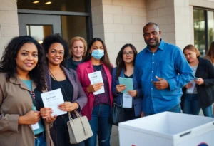 Group of Dallas voters presenting their identification at a polling location.