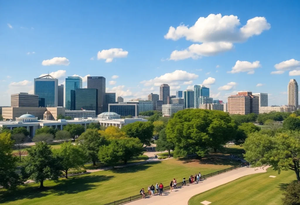 Dallas under clear skies with people enjoying outdoor activities