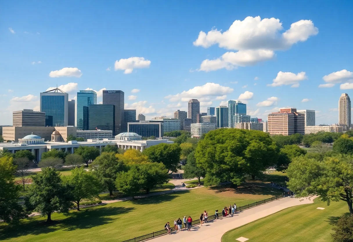 Dallas under clear skies with people enjoying outdoor activities