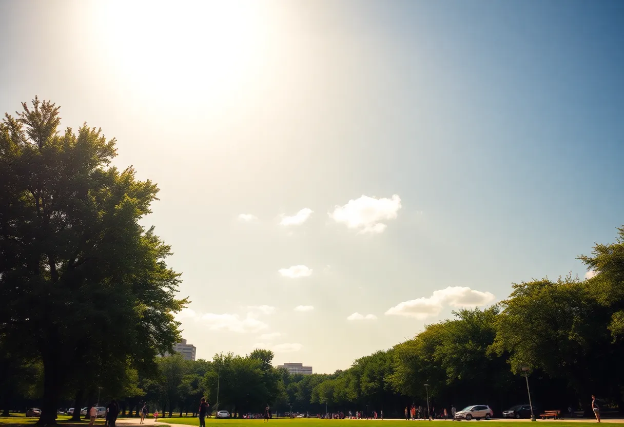 People enjoying warm weather outdoors in Dallas park