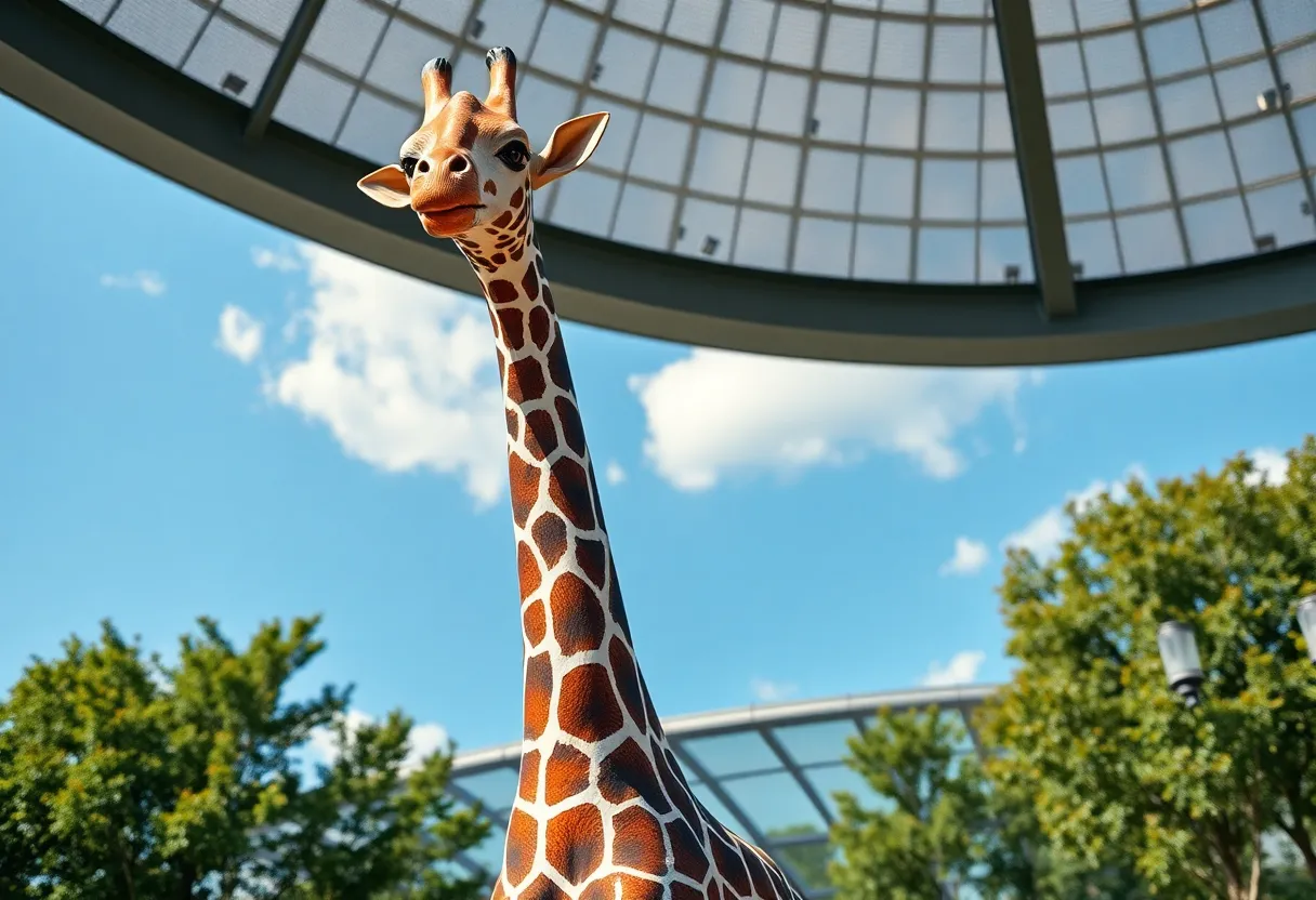 Giraffe statue at Dallas Zoo towering at 67.5 feet