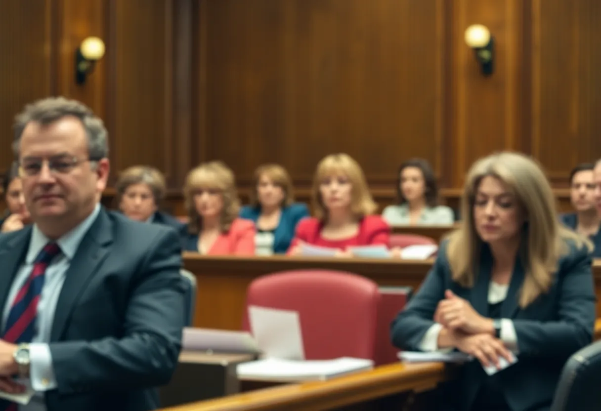 A courtroom scene showing jury members deliberating over a defamation case.