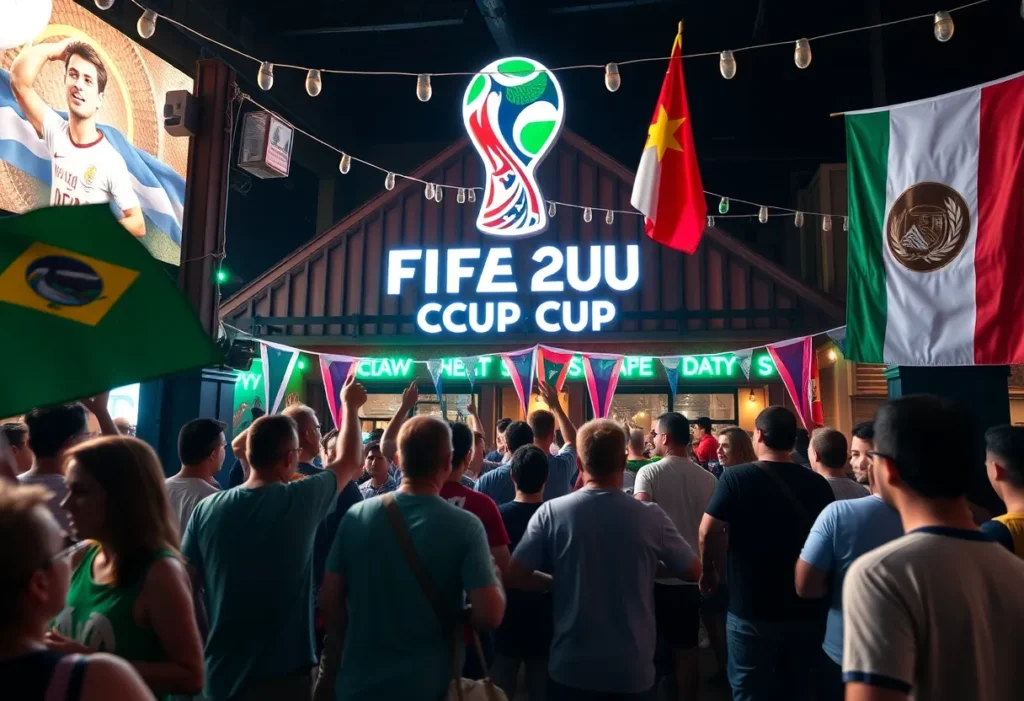 Fans celebrating around FIFA World Cup themed decorations in Denton, Texas