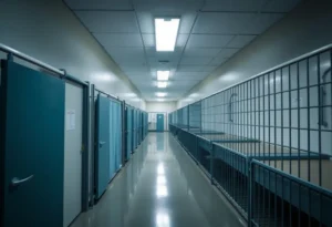 An exterior view of a detention facility highlighting the environment where detainees are kept.