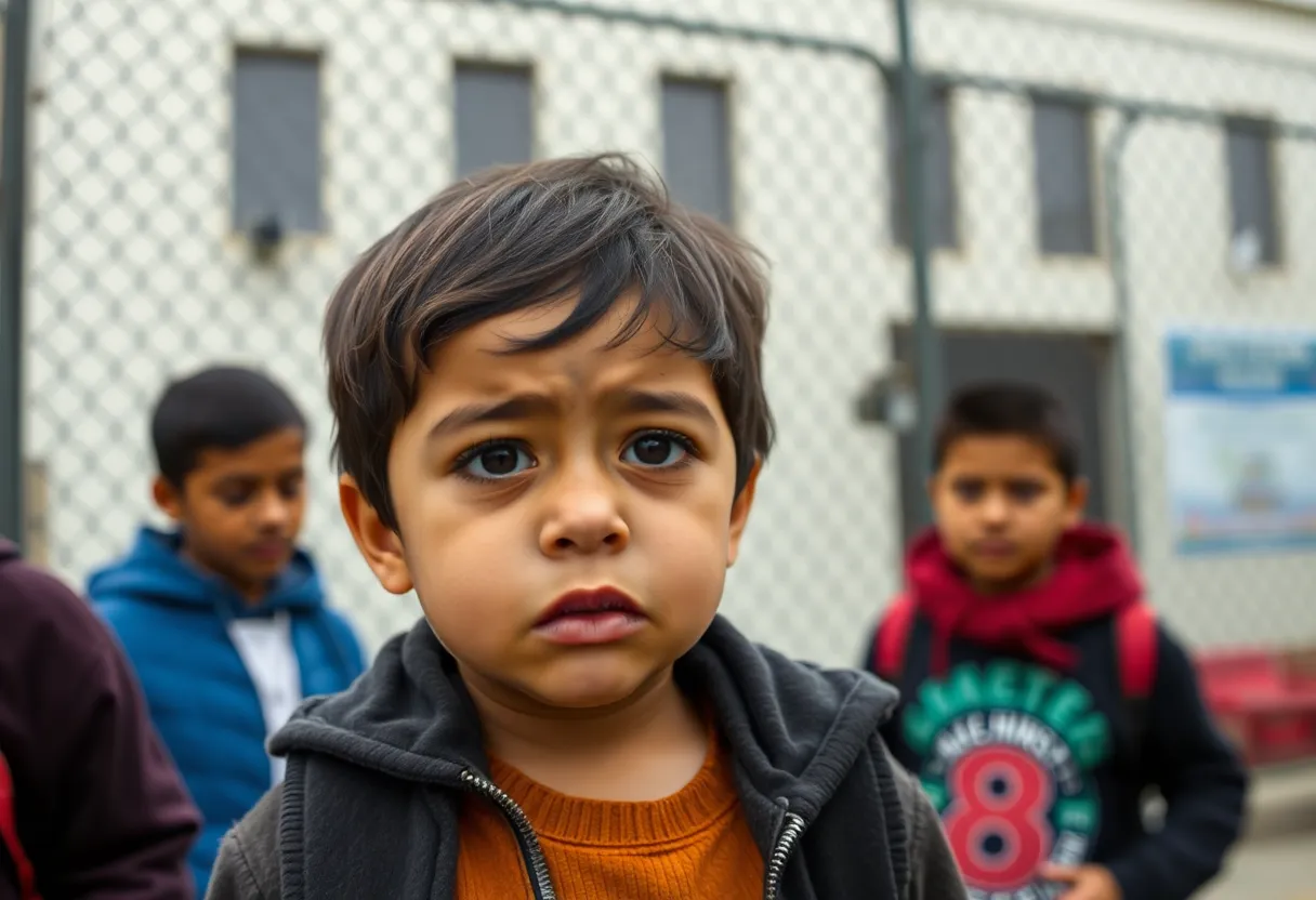 Child outside a detention center representing immigration struggles