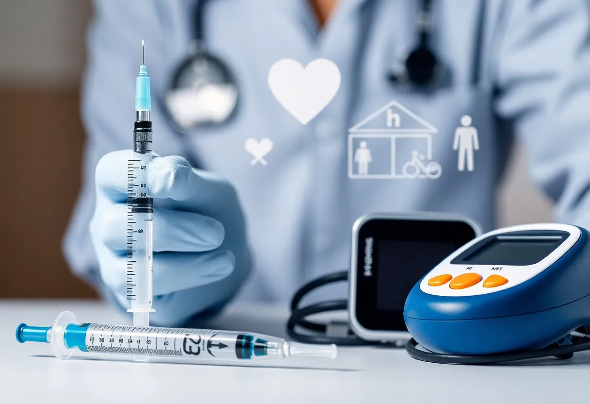 A visual representation of diabetes treatment methods, featuring syringes and glucose monitors.