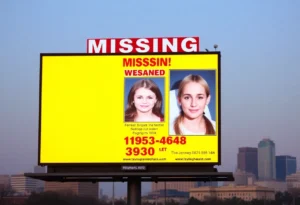 Digital billboard displaying a missing person alert in Texas
