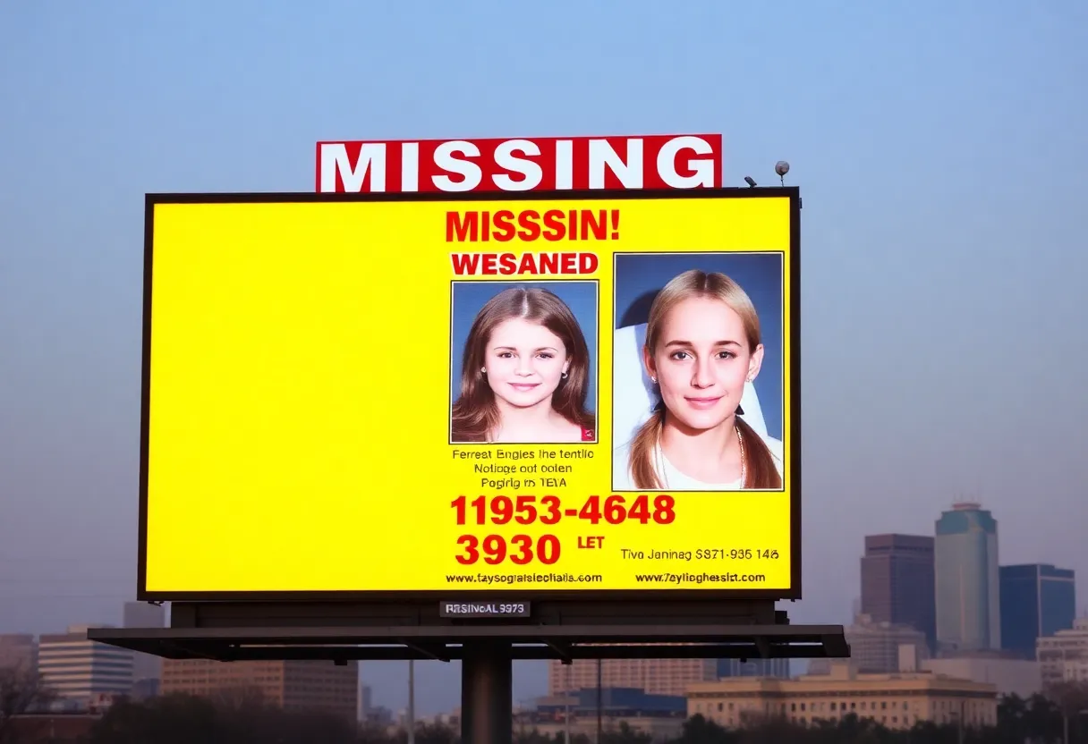 Digital billboard displaying a missing person alert in Texas