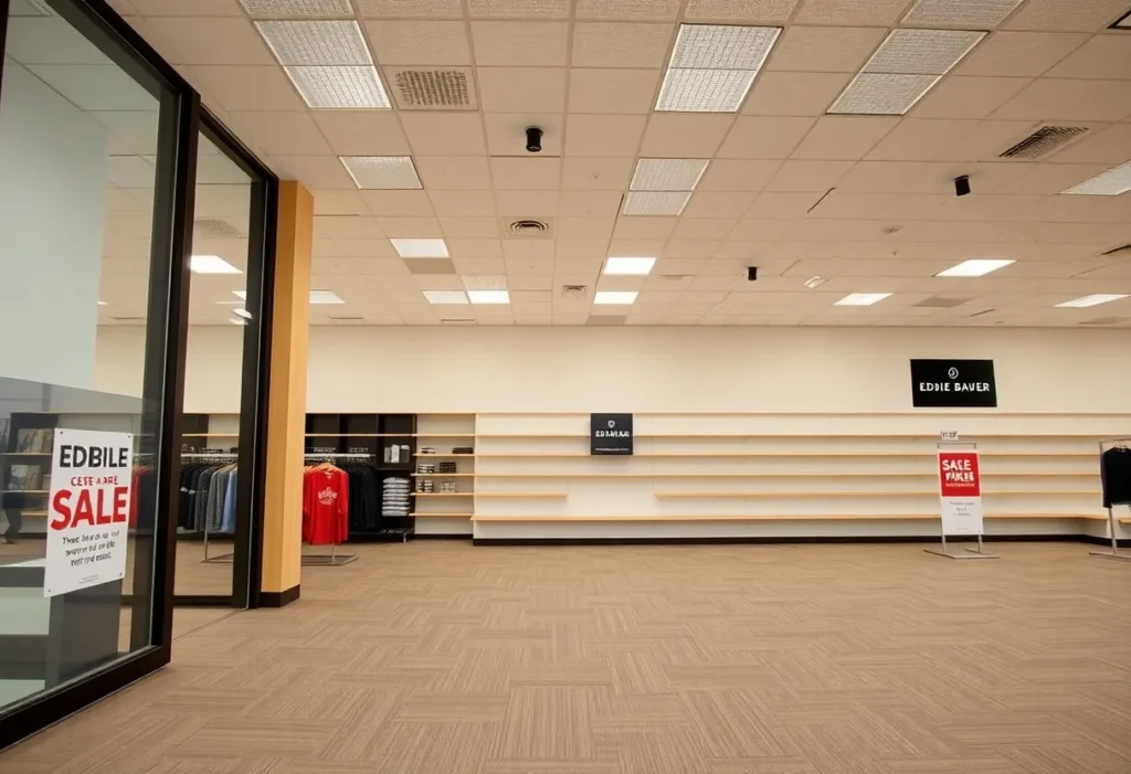 Eddie Bauer store with sale signs indicating bankruptcy and store closures